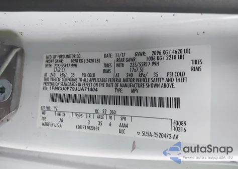 2018 Ford Escape S z USA, uszkodzony, nr VIN 1FMCU0F79JUA71404